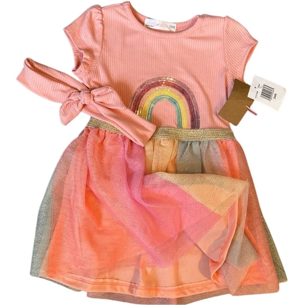 New Young Hearts Toddler Girl Pink Rainbow Tulle Twirl Dress & Hairband